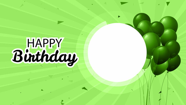 Green happy birthday illustration with 3d realistic air balloon and has space for picture (photo) with abstract background with text and glitter confetti, Happy Birthday text for Social Media banner