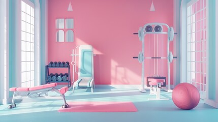 Interior of an empty modern gym with sports equipment. The concept of a healthy lifestyle and taking care of your body. Fitness, workout, background for advertising. - 775151453