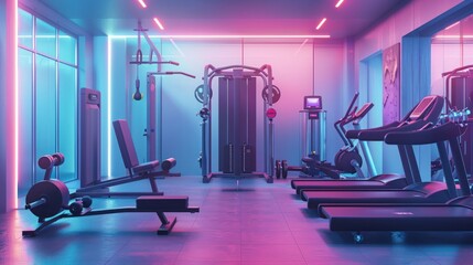 Interior of an empty modern gym with sports equipment. The concept of a healthy lifestyle and taking care of your body. Fitness, workout, background for advertising. - obrazy, fototapety, plakaty