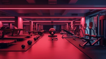 Interior of an empty modern gym with sports equipment. The concept of a healthy lifestyle and taking care of your body. Fitness, workout, background for advertising. - 775151491