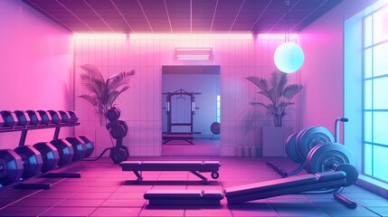 Interior of an empty modern gym with sports equipment. The concept of a healthy lifestyle and taking care of your body. Fitness, workout, background for advertising. - 775151606