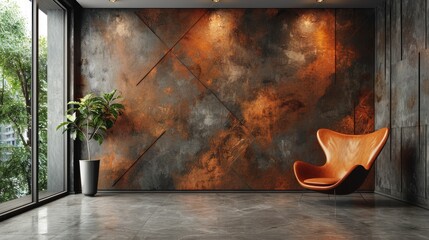 An empty room with a wall featuring a textured geometric pattern in earthy tones.