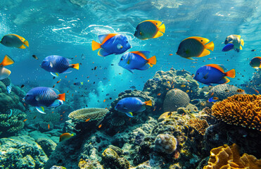 Fototapeta na wymiar Blue and yellow fish school underwater in the ocean reef