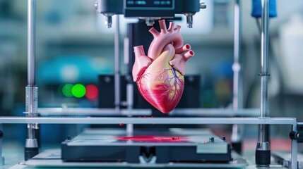 3D printed heart in medical printer. Modern technologies in medicine and science. Printing human organs for operations and implantation. The concept of medicine development.	
