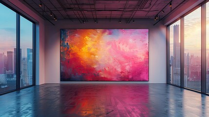 An empty room with a wall featuring a large abstract painting in vibrant hues.