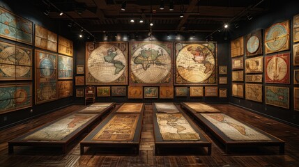 An empty room with a wall showcasing a collection of antique maps from different eras.