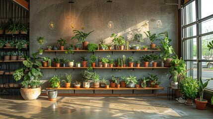 An empty room with a wall lined with shelves displaying a variety of plants and greenery.