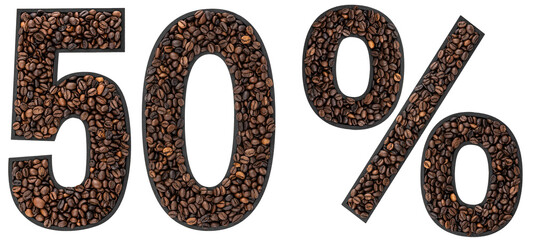 Fifty percent made from coffee beans on a transparent background.