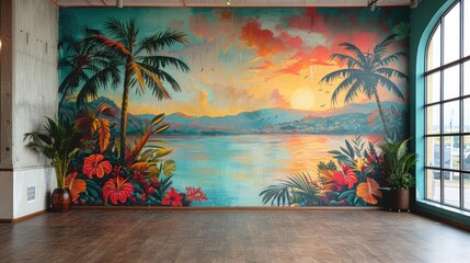 An empty room with a wall featuring a vibrant mural depicting a tropical rainforest scene. - obrazy, fototapety, plakaty