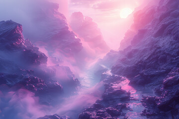 A digital concept art piece with ethereal violet and azure hues, envisioning a fantastical and immersive world of imaginary landscapes. Concept of surreal digital colorscapes. Generative Ai.