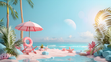 Beautiful Seascape, Summer Vacation Loungers, Seaside Holiday Vector Illustration, Generative Ai
