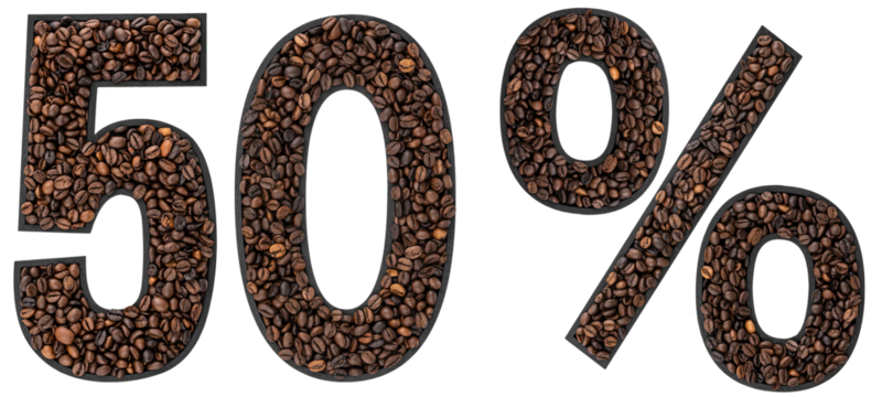 Fifty percent made from coffee beans on a transparent background.
