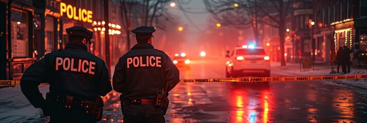 Officers collaborating at boundary of restricted crime scene