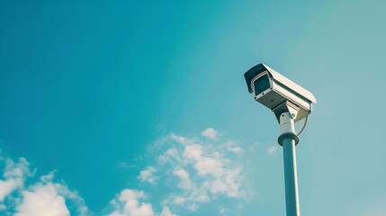 camera for security purposes ,IP Camera on the wall. security camera on the wall ,CCTV security cameras on pole on blue sky with white clouds background

