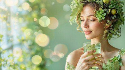 Serenely poised woman with floral headpiece holding a drink, embodying natural beauty and tranquility