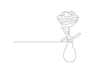 Continuous one line drawing of romantic rose flower on vase. One line of flower in vase. Rose flower continuous line art. Editable outline