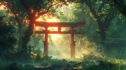 Shinto Shrine Torii Gate Framing a Peaceful Forest The traditional structure blends with nature