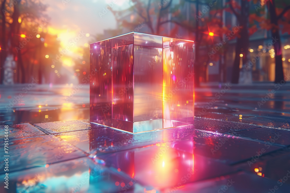 Poster an ethereal hexagonal prism refracting light in a kaleidoscopic display, embodying the balance and h