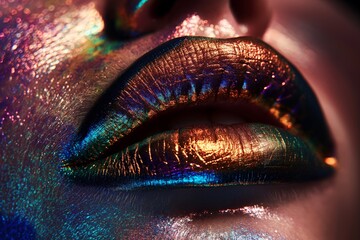 Close-up of lips with shimmering multi-colored metallic makeup.