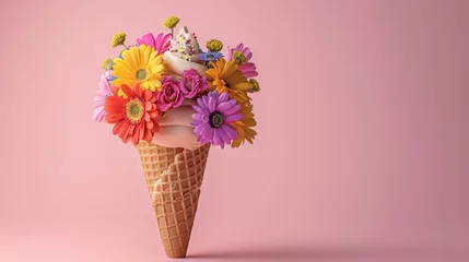 Plexiglas foto achterwand Creative ice cream cone bouquet with a rainbow of gerbera flowers against a pastel pink backdrop, embodying the joy of LGBTQ Pride Month © Ryzhkov