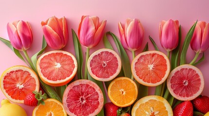 Vibrant tulips and fresh citrus fruit composition on a pink background, capturing the freshness and vibrancy of LGBTQ Pride Month