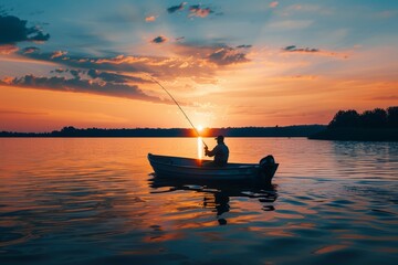 Serene Fishing Scene, Boat Silhouette Under Sunset Glow, Still Lake - obrazy, fototapety, plakaty