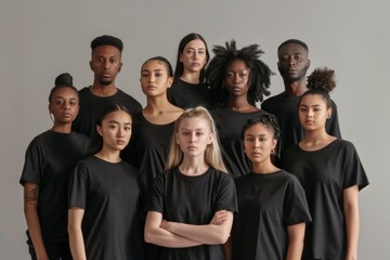 Diverse Group of People in Black T-Shirts Standing Together