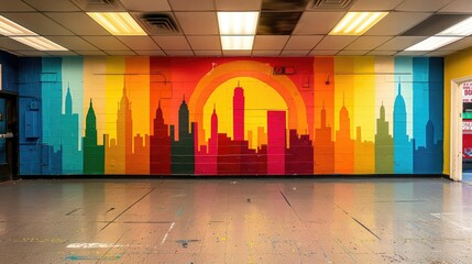 An empty room with a wall featuring a vibrant mural depicting a bustling city skyline.