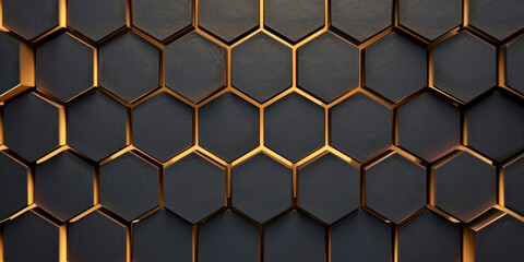 Abstract geometric black and gold hexagonal wall background with 3D design elements