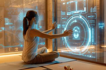 Image of a woman facing a glowing holographic display as she seemingly uses air gestures - obrazy, fototapety, plakaty