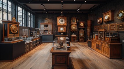 An empty room with a wall showcasing a collection of antique scientific instruments.