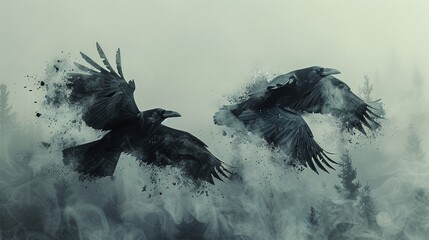 Norse God Odins Ravens in Flight Their shapes blending into the sky