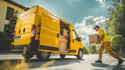 Courier man holding delivery box out of yellow van during summer time - Model by AI generative .