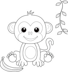 Adorable Monkey coloring page vector illustration. Animal coloring page for kid