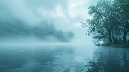 Fototapeta na wymiar A misty morning on a tranquil lake