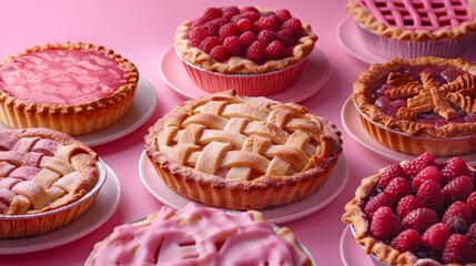 Obraz na płótnie Canvas Selection of berry-topped and lattice pies on a pink background, a family feast for World Parents' Day