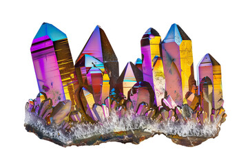 The iridescent surface of a titanium quartz crystal is a result of a special coating process ,isolated on white background
