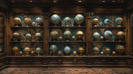 An empty room with a wall showcasing a collection of antique globes from different periods. - obrazy, fototapety, plakaty