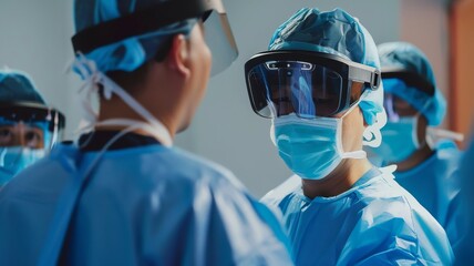 Augmented reality AR surgical procedures, showcasing surgeons using AR goggles to enhance precision during operations no dust - obrazy, fototapety, plakaty