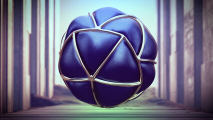 Blue bloated balloon in golden cage. 3D Rendering of futuristic biotechnological elements with surreal space.