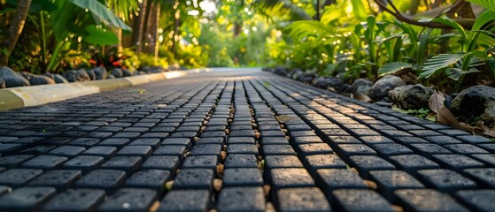 Ecofriendly driveway and walkway made of permeable materials for sustainable water drainage solutions. Concept Eco-friendly Landscaping, Sustainable Driveway, Permeable Walkway - obrazy, fototapety, plakaty