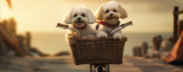 Cute happy dogs in bicycle basket ready for ride.