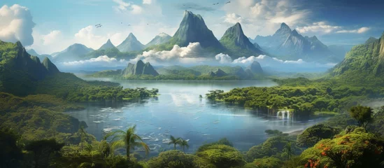 Rugzak A serene landscape featuring a majestic mountain range, a winding river, and a lush forest © AkuAku