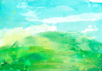 Fabric by meter Light blue Watercolor hill, hillock, mountain, grass. Summer landscape  background. Abstract splash of  paint. Watercolor hill, summer landscape at sunset, dawn.Drawing with watercolors and pastels