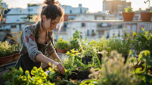 Navigate the world of eco-conscious living by photographing a content urban female gardener tending to a lush rooftop garden. 