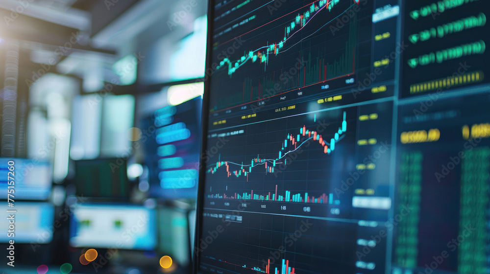 Poster a high-tech trading workstation glowing with the light from real-time stock market charts and data a