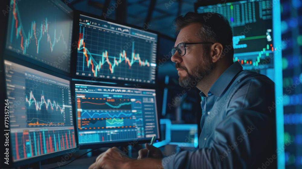 Poster the image represents a professional trading room setting with advanced market analysis on large scre