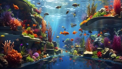  Tropical coral reefs, deep sea wallpaper with colorful shells, fish, dolphins, octopuses in the depths of the bay.Tropical coral reefs, multicolored shell wallpaper in the deep sea, fish, dolphins, a