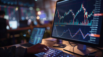 Image of a trader's hands over a computer keyboard, focusing on analyzing and interpreting stock market data on the screen - obrazy, fototapety, plakaty