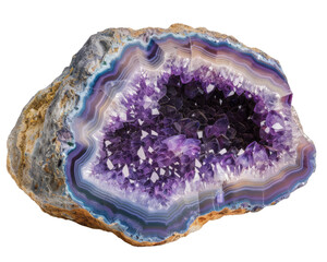 The iridescent interior of a geode is a hidden treasure within a plain rock on isolated with transparent concept